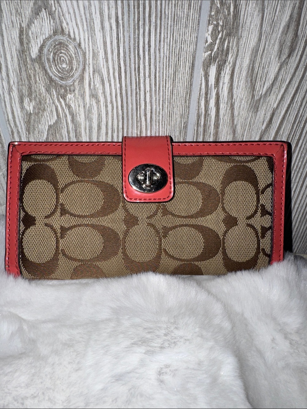 Coach Brown Signature Canvas Wallet with Coral Trim